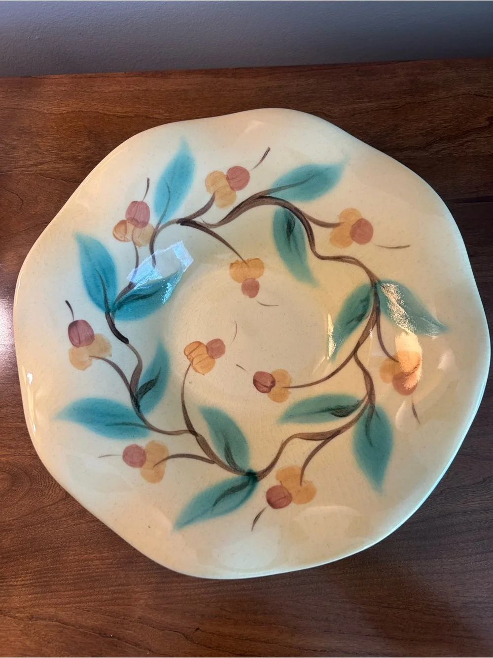 Gail Pittman Ceramics Hand-Painted Floral Bowl in Light Yellow and Teal Original